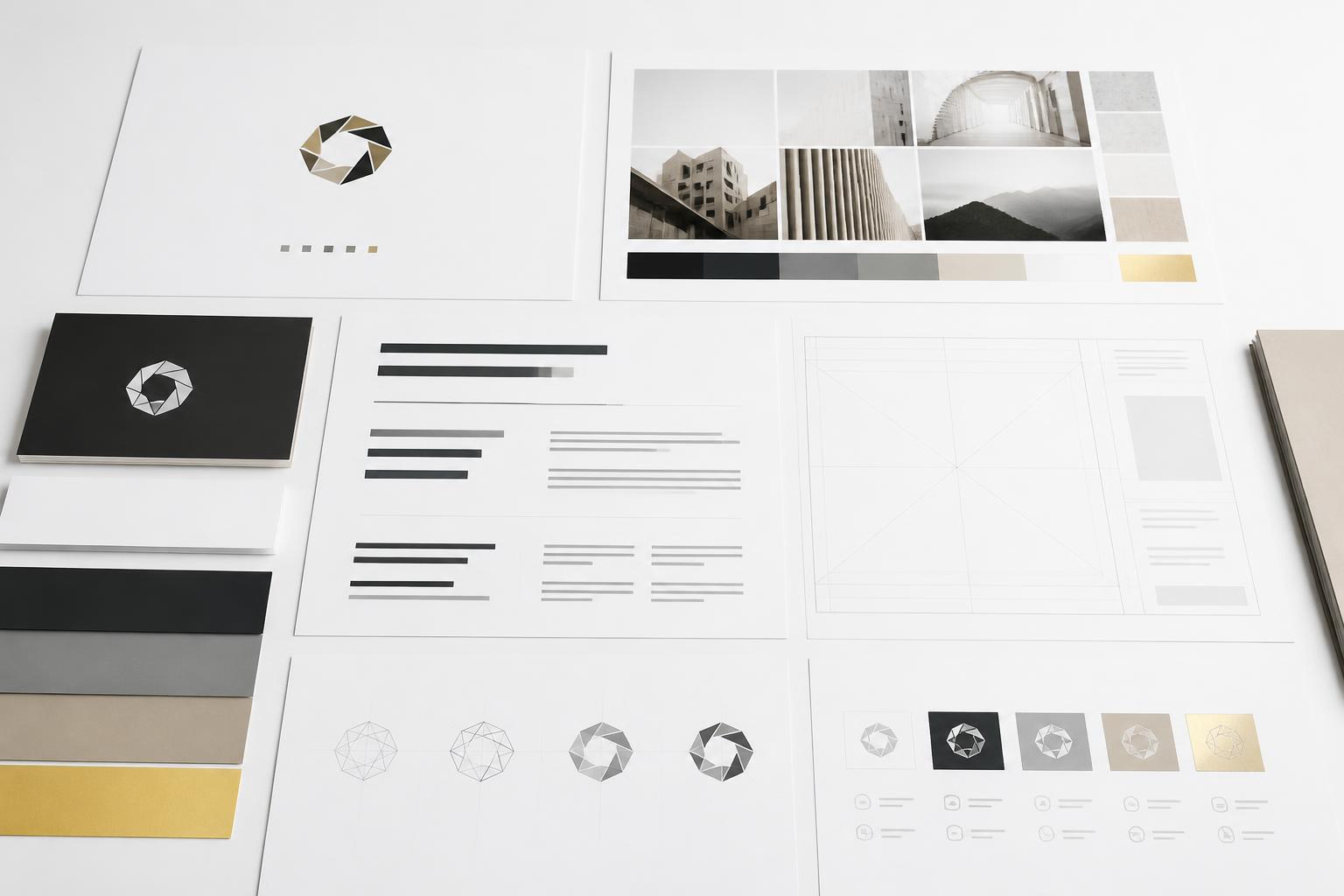 Sistema completo de identidad visual en desarrollo sobre una mesa de dirección creativa